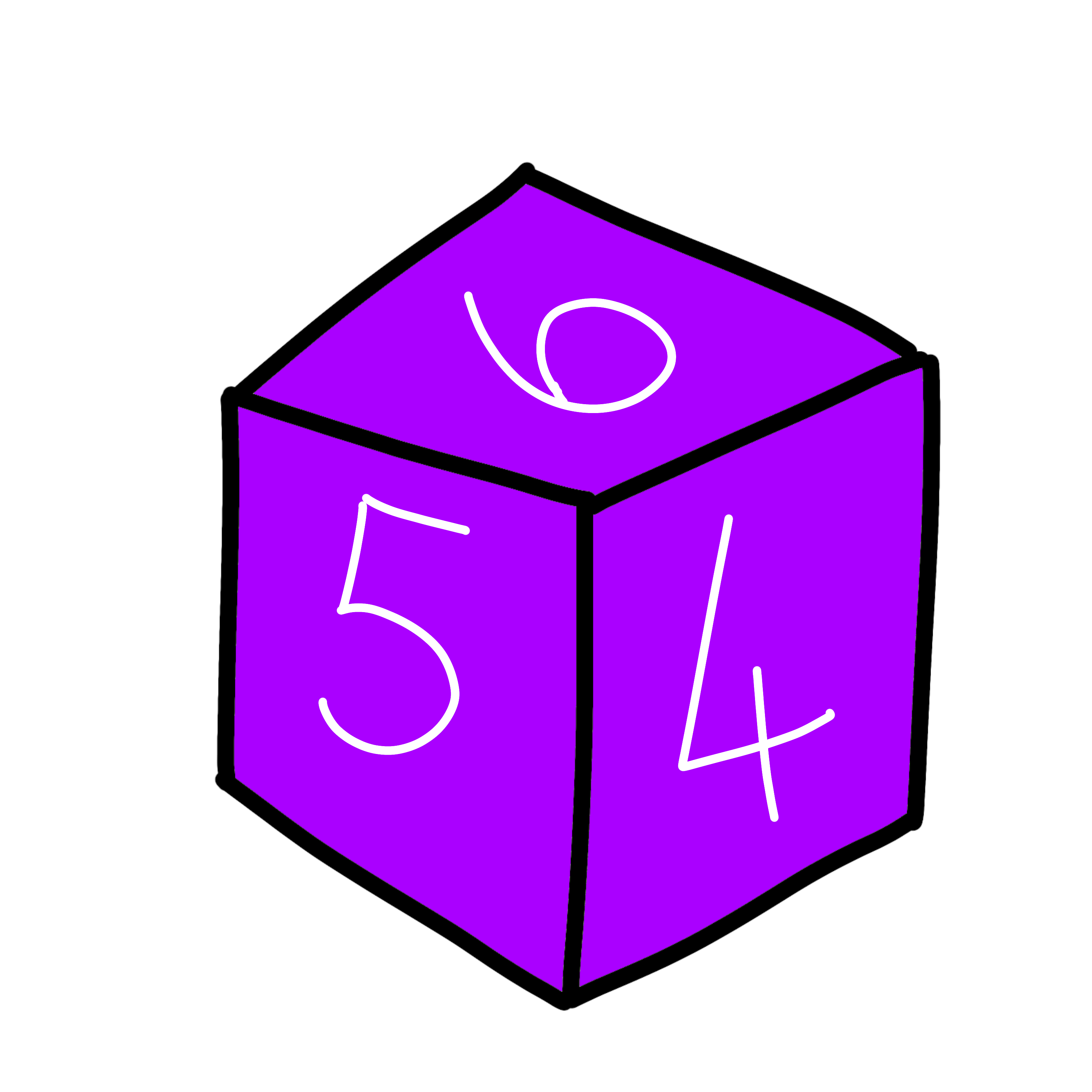 a purple cube, the top face has the number six, and the other two that are visible have a five and a four